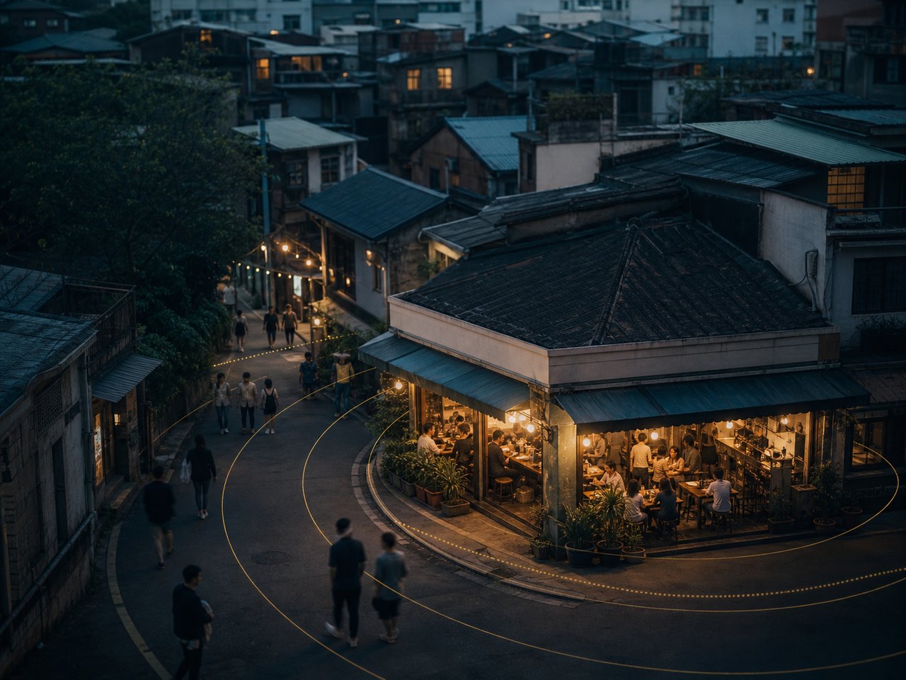 街區中的在地餐廳亮起燈光，探索環由店點向外延伸。
